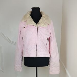 Pink Vintage Bomber Jacket With Faux Fur Collar Size Extra‎ Large Winter Coat